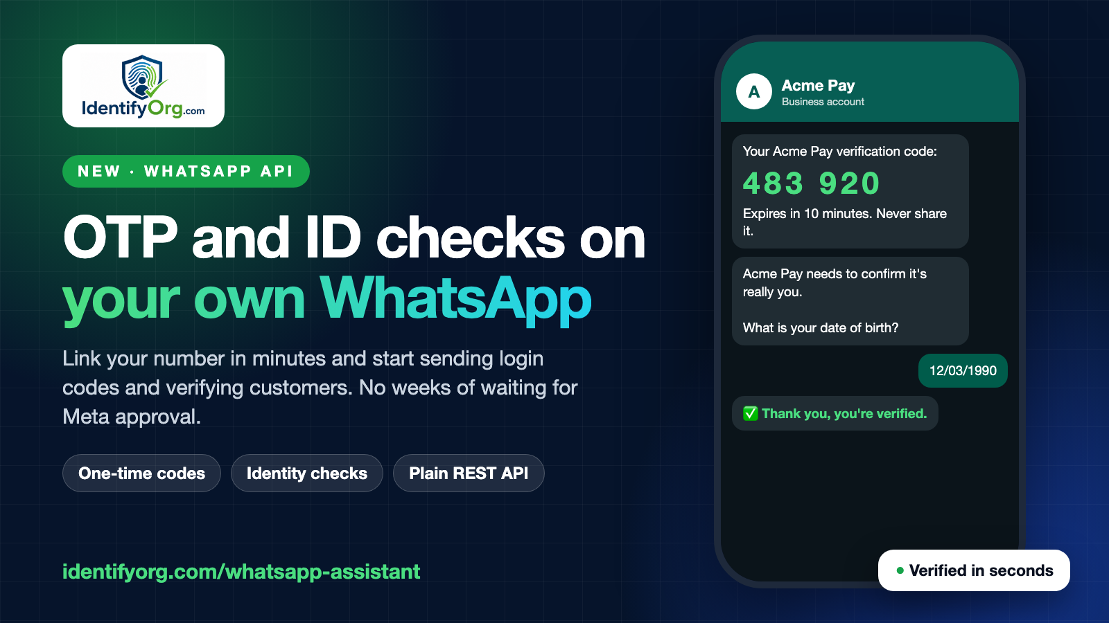 A WhatsApp chat sending a verification code and an identity question, with the text OTP and ID checks on your own WhatsApp